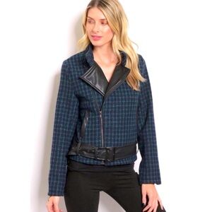 NWT Boutique Ivory Rose checkered print asymmetrical zip jacket size S/M  B40